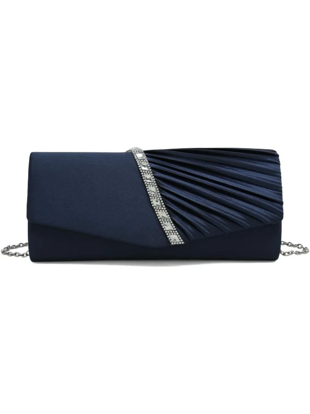 Women's Navy Blue Crystal Embellished Pleated Satin Clutch Purse For Evening Bag